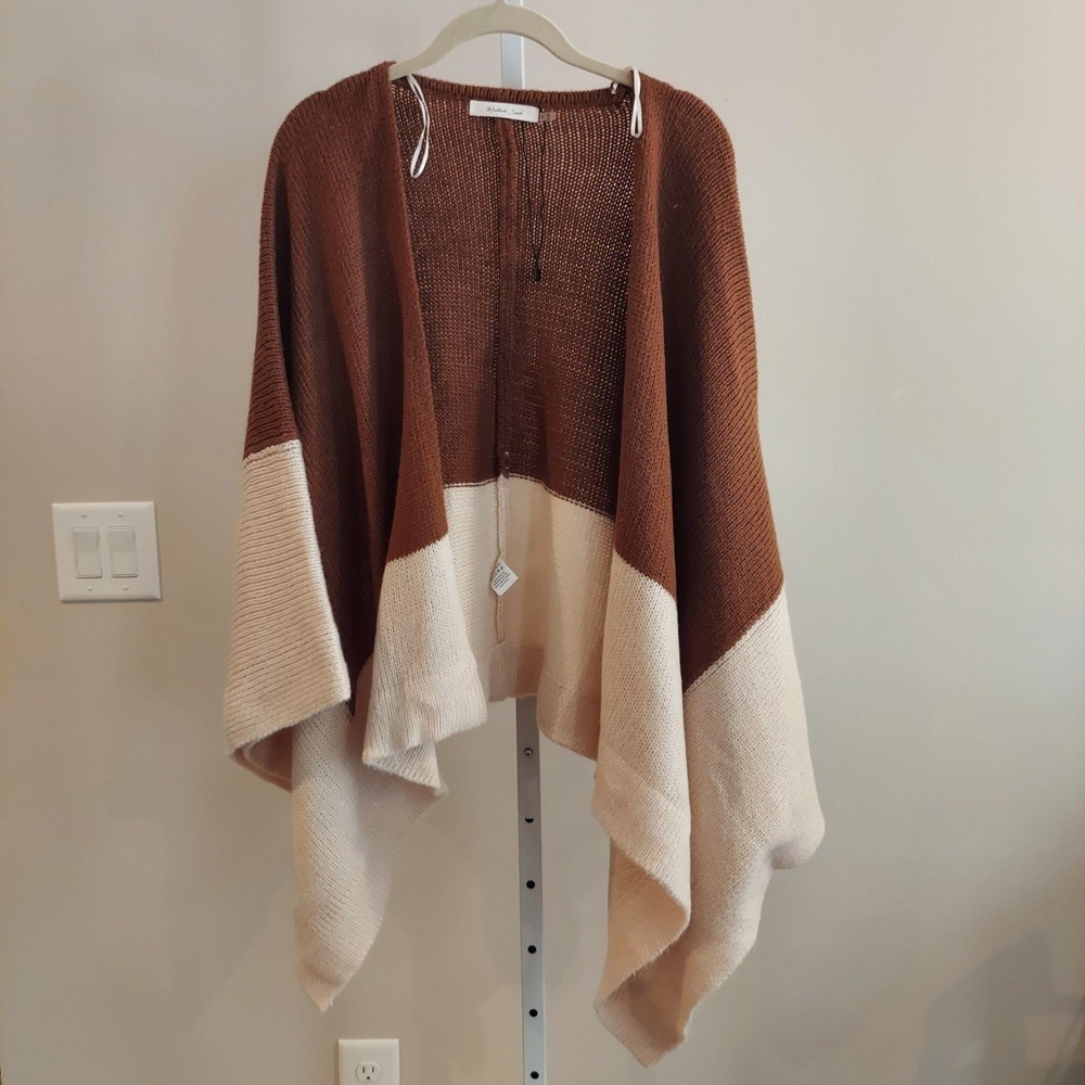 Mustard Seed Brown Colorblock Knit Poncho Sweater S Earthy Layering Minimal